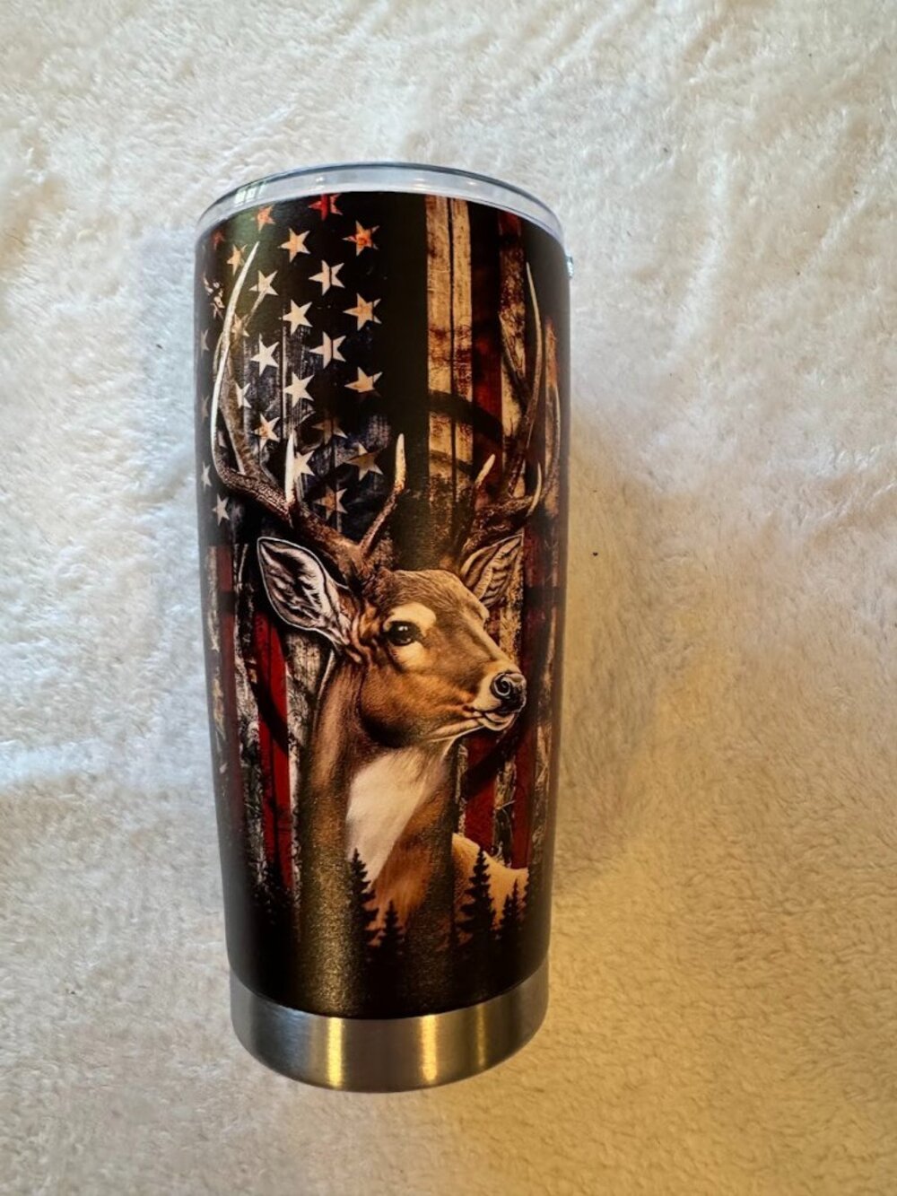 Patriotic Deer & American Flag 20 oz Stainless Steel Insulated Tumbler w/Lid NEW